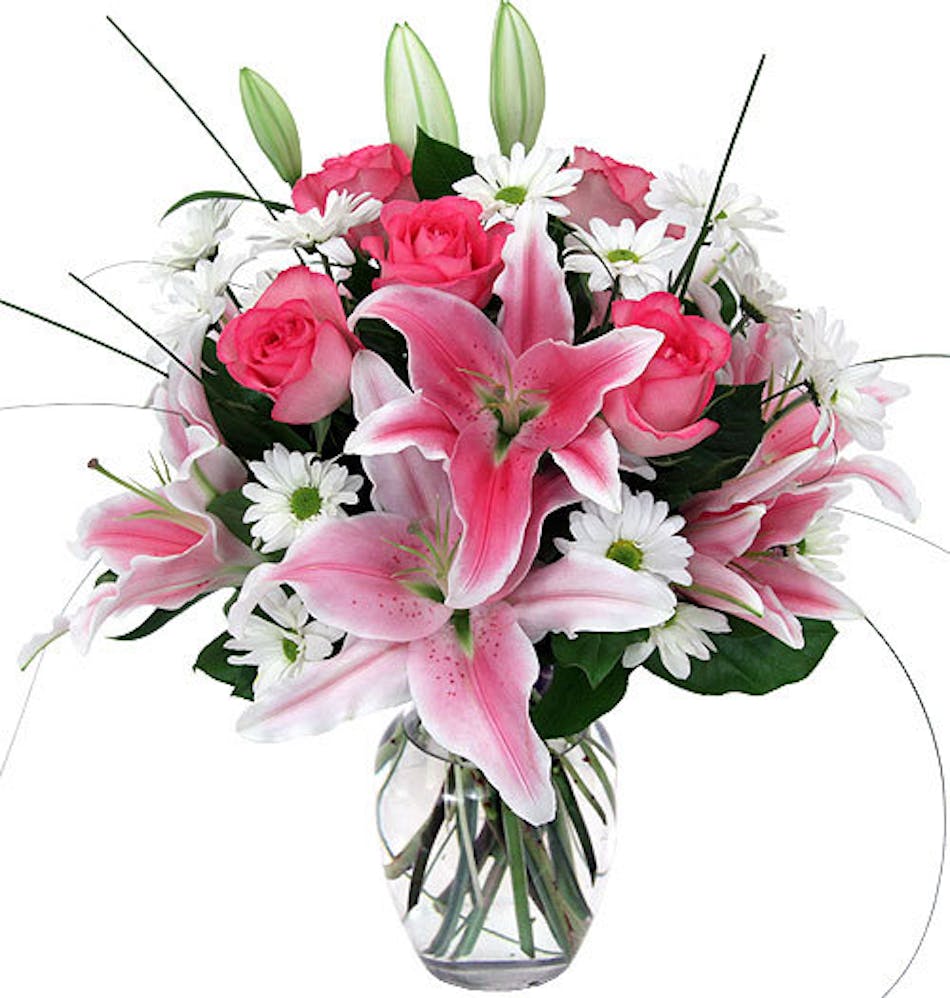 Pink Me Up: Pink roses, Stargazer Lilies and daisies in a ...